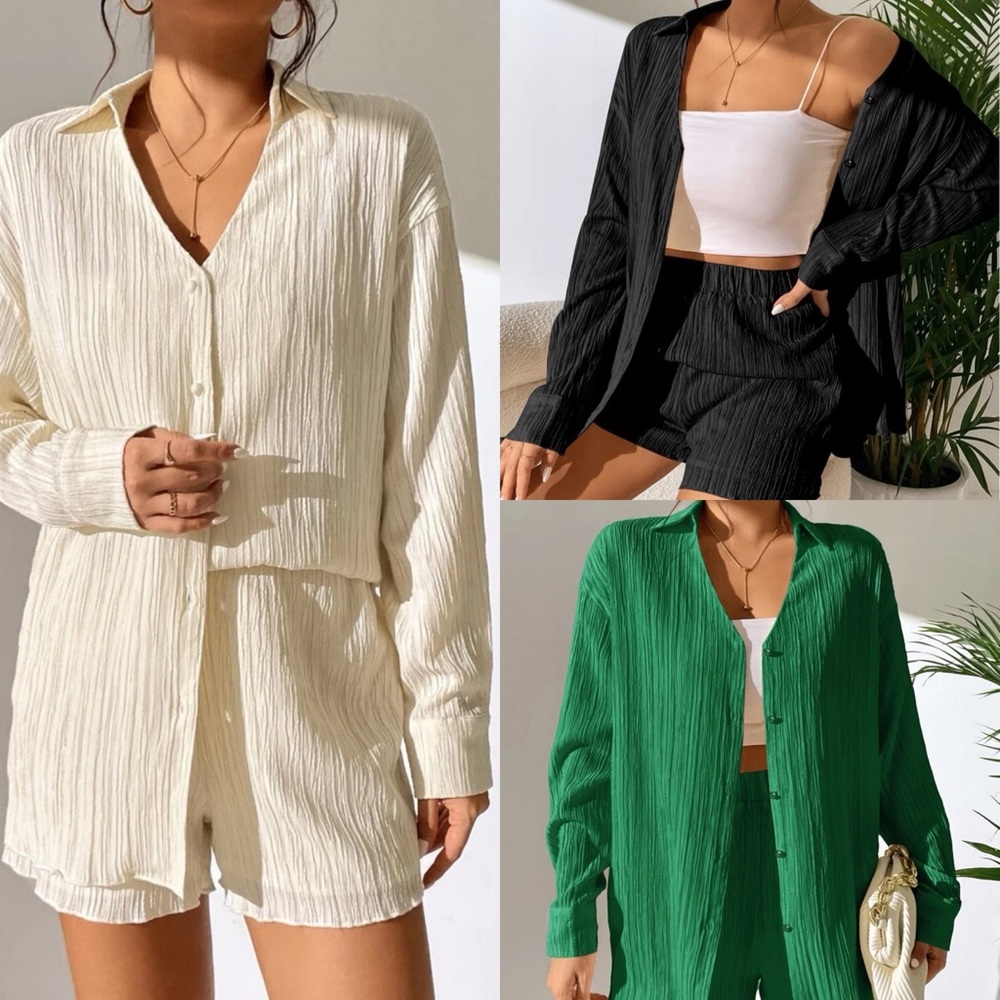 Green / cream / black 2 piece matching set Long sleeve Button Shirt & Shorts